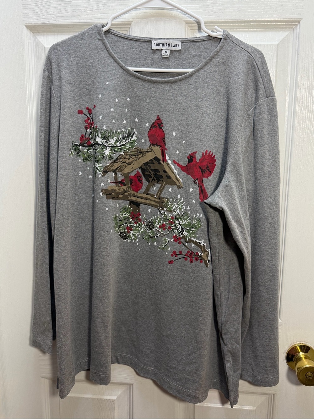 Southern Lady Grey Top with Red Cardinal Accent